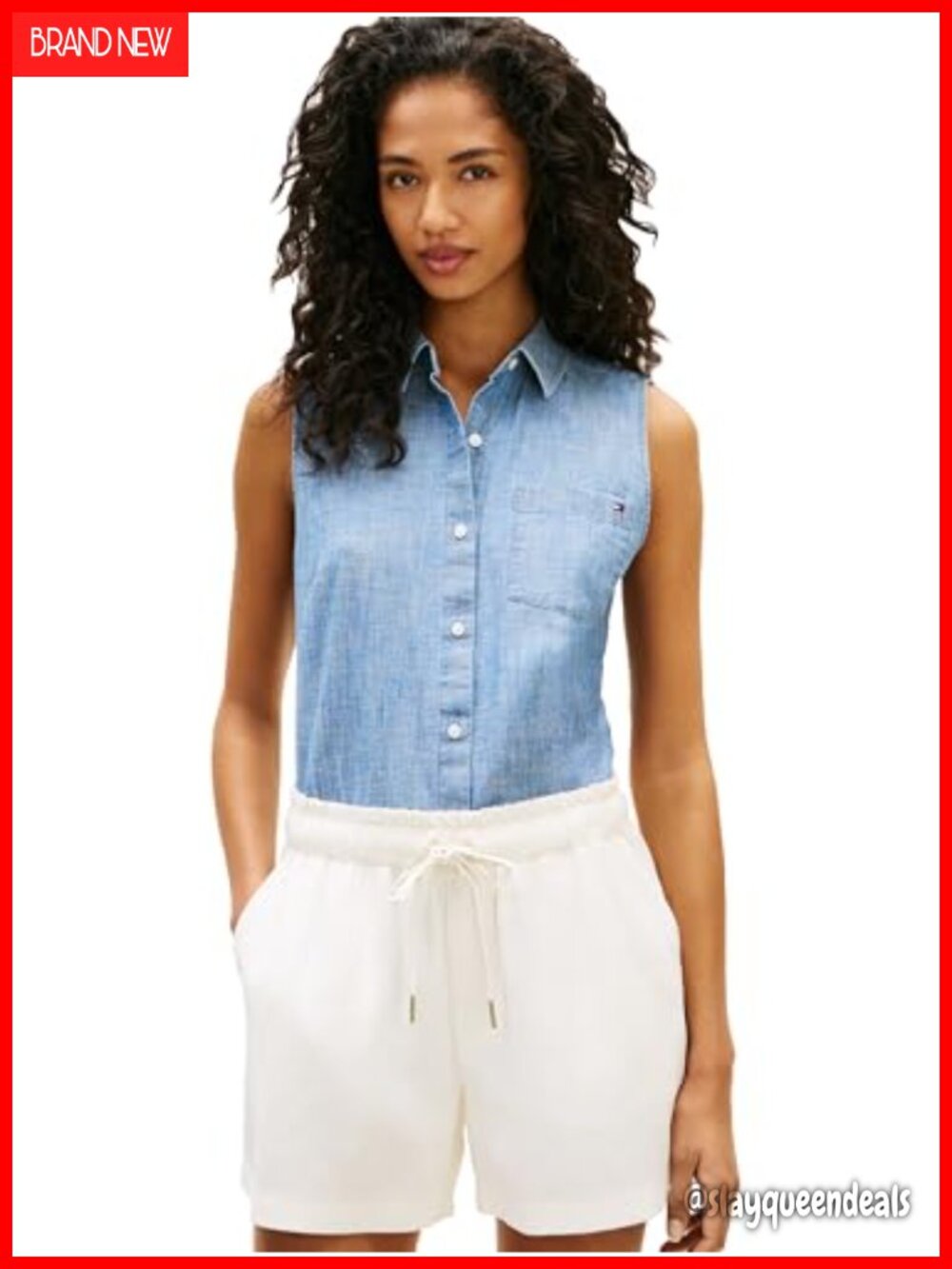 Sleeveless Button Down Shirt with Chest Pocket and Embroidered Flag Logo